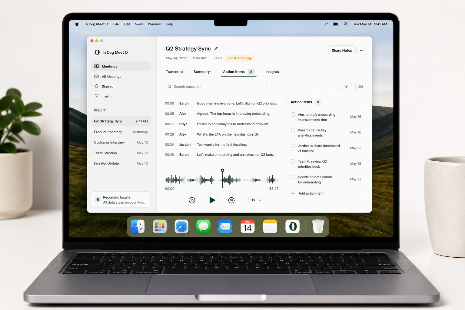 In Cog Meet O running on a Mac with transcript and action items visible.